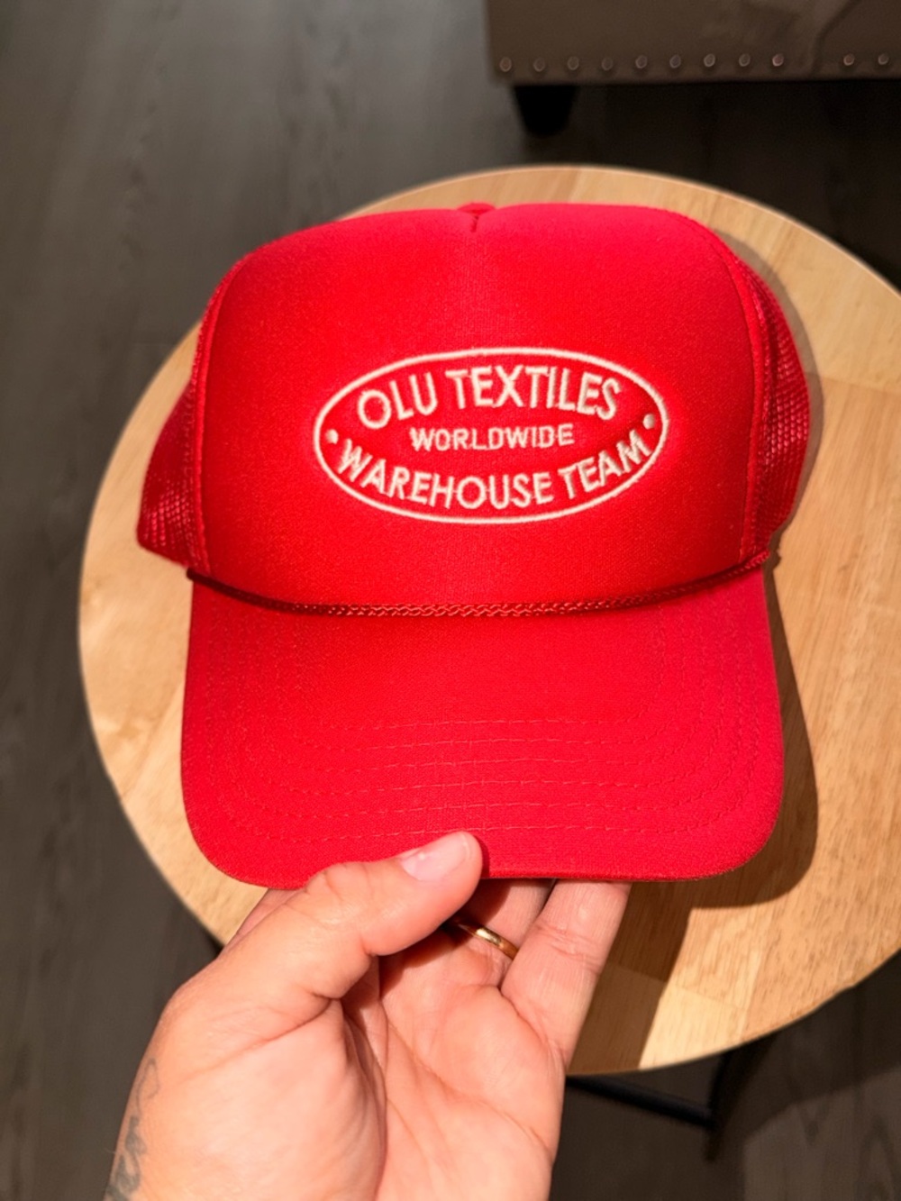 OLU Textiles Red Trucker Hat – Warehouse Team Logo